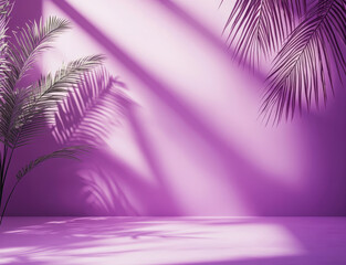 Palm leaves casting shadows on the lilac walls and floor under bold sunlight. Minimalistic summer background.