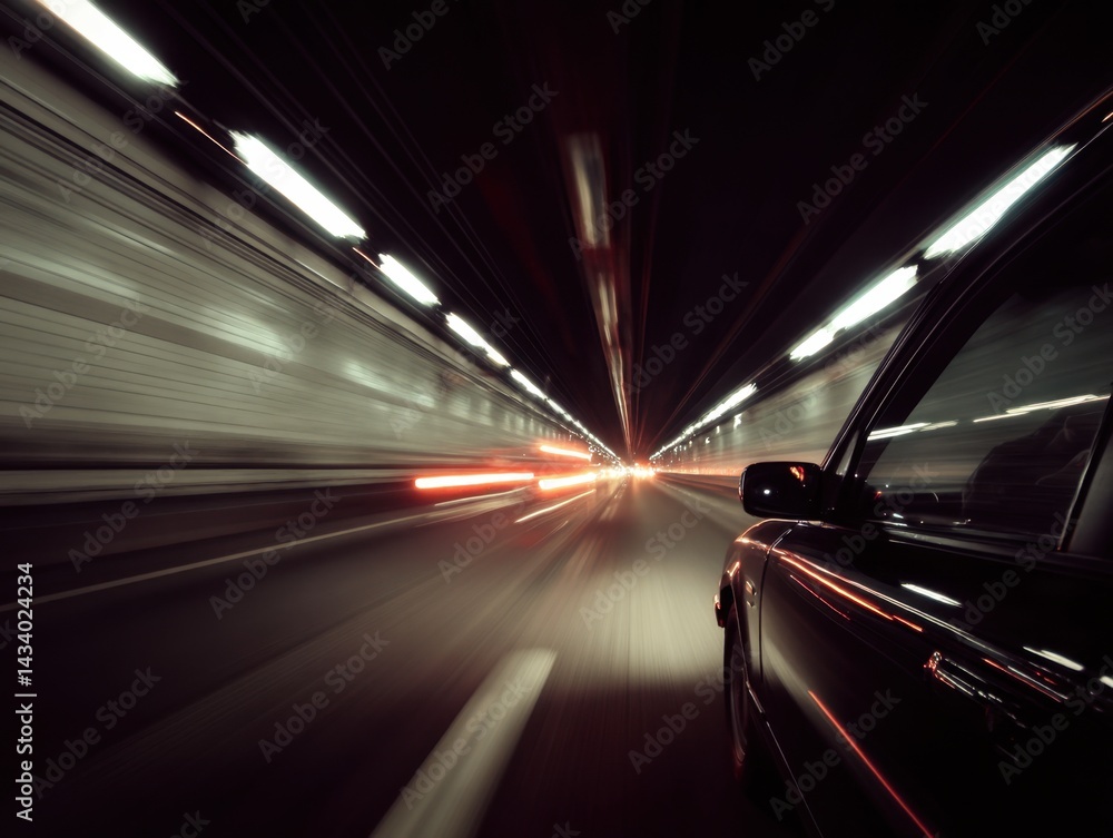 Poster dynamic car motion through tunnel at night with blurred lights creating a sense of speed and adventu