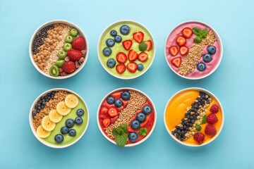 Colorful smoothie bowls topped with granola, fresh fruits like berries, banana, kiwi, and mint on vibrant blue background, healthy vegan breakfast concept