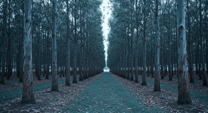 Ethereal forest of towering trees aligning along a narrow path toward horizon