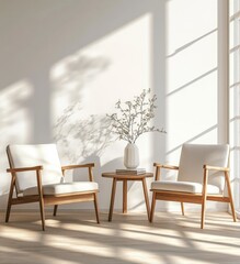 Sunlit Living Room with Two White Armchairs and Wooden Table