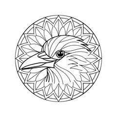 Obraz premium Detailed crow illustration in circular mandala black and white design coloring page for adults