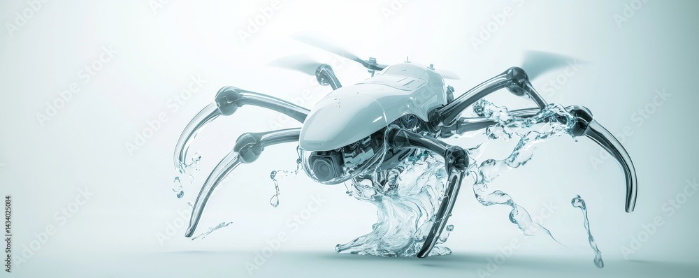 Poster futuristic robotic drone emerging from water with multiple propellers and tentacle-like design.
