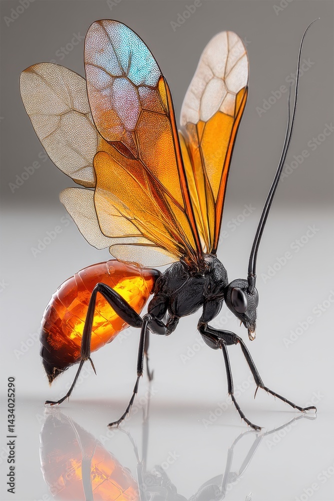 Poster amber wasp with translucent wings in detailed macro photography capturing the intricate details of t