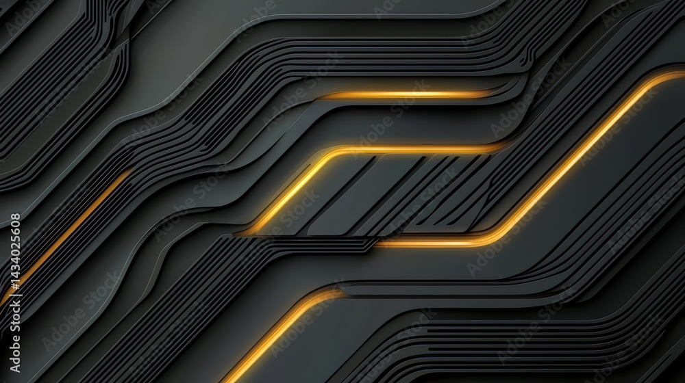 Poster Black and yellow striped background with a black and yellow line. The background is a representation of a computer circuit board