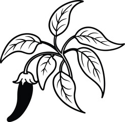 Chili Plant Silhouette, Black and White Spicy Pepper with Leaves Outline Design