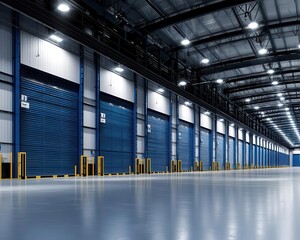Obraz premium Smart industrial warehouse with motionsensor lighting, Industrial Real Estate Warehouses Sustainable Architecture, optimized energy use