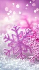 Purple Glittery Snowflake on White Snow Winter Holiday Background