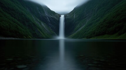 Majestic waterfall plunging into a tranquil lake, nestled in a lush valley.  Dense, verdant mountain sides frame the scene, creating a breathtaking natural spectacle