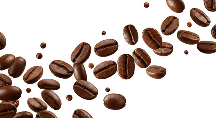 Obraz premium A scattering of roasted coffee beans against a black background creating a dynamic composition