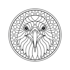 Detailed eagle head in round frame intricate line art illustration for coloring book wildlife design element creative project