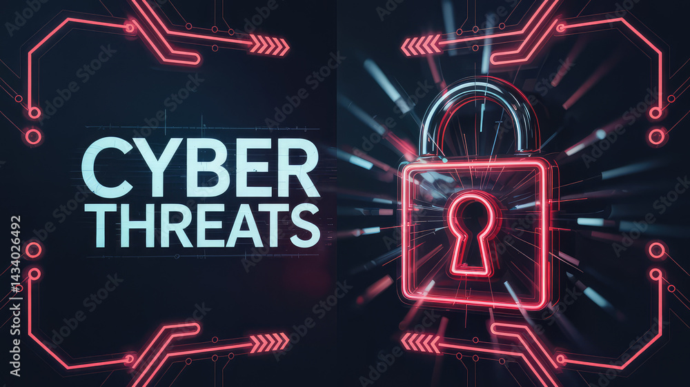 Poster cyber threats prevention: a powerful visual symbolizing digital security, featuring a glowing lock a
