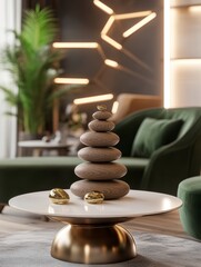 Serene Modern Living Room Interior with Stacked Stone Centerpiece and Green Velvet Sofa