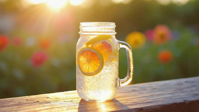 Lemonade Spritzer, close-up of a lemonade spritzer with bubbles and citrus slices, served in a mason ja
