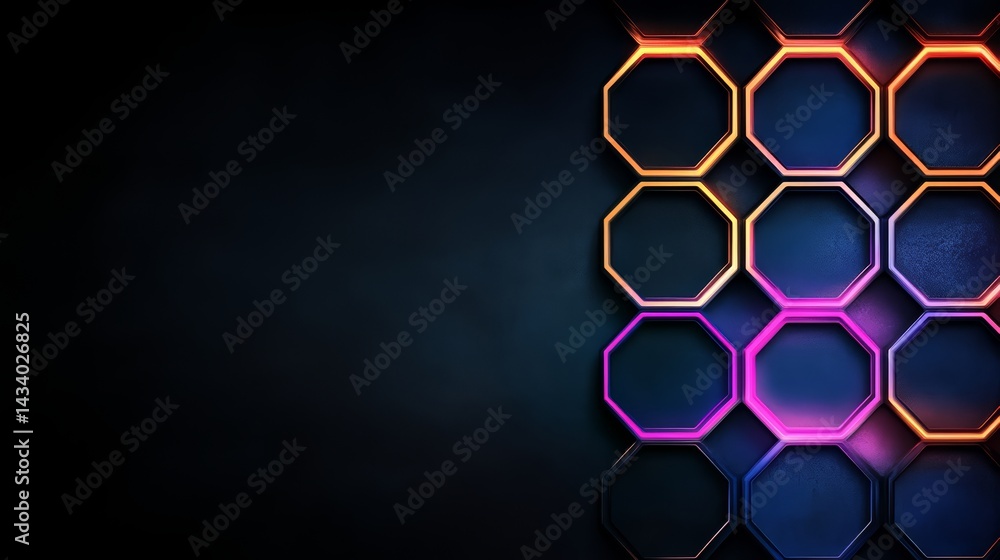 Poster Black background with a colorful pattern of hexagons. The hexagons are in different colors and are arranged in a way that creates a sense of depth and movement. Scene is energetic and dynamic