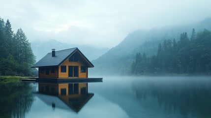 Misty Lakeside Cabin Reflection