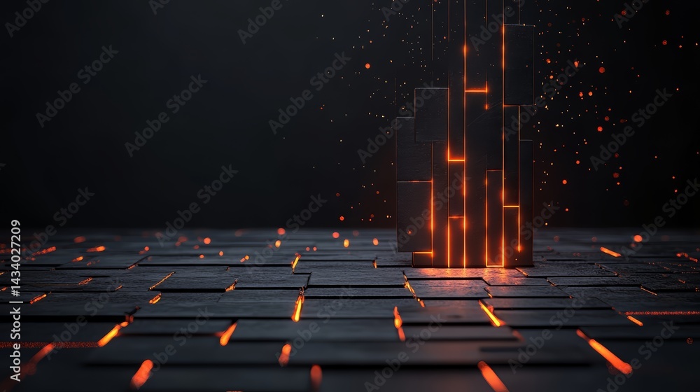 Poster black background with a glowing orange cube in the middle. the cube is surrounded by a series of ora
