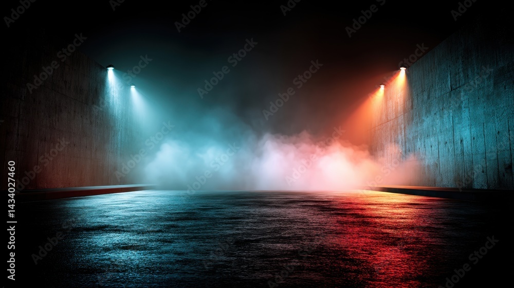 Poster urban concrete architecture with atmospheric mist and dynamic lighting creating a moody and cinemati