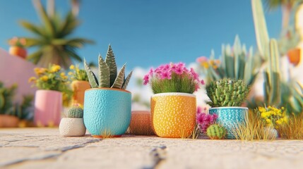 Vibrant potted succulents and cacti in colorful planters, outdoor patio setting