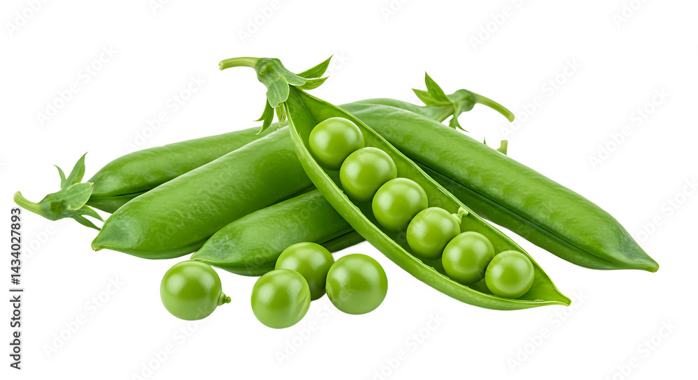 Poster a close up of several green pea pods with peas visible inside and around the pods on a surface