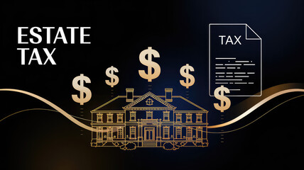 Fototapeta premium Estate Tax: A conceptual image of a luxurious house surrounded by dollar signs. The word 