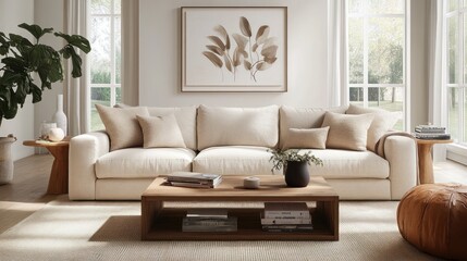 Modern beige living room with sofa and coffee table. Use for interior design inspiration