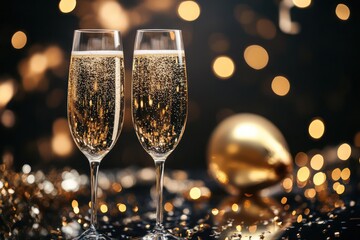 New year celebration, two glasses of champagne on black background