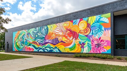Fototapeta premium Vibrant Wall Mural Art Displaying Abstract Colors and Patterns in Urban Environment