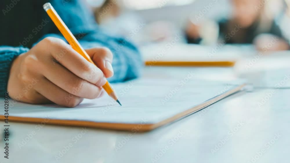 Poster close up slow motion capturing student hand writing on paper with pencil, intensely focused during e