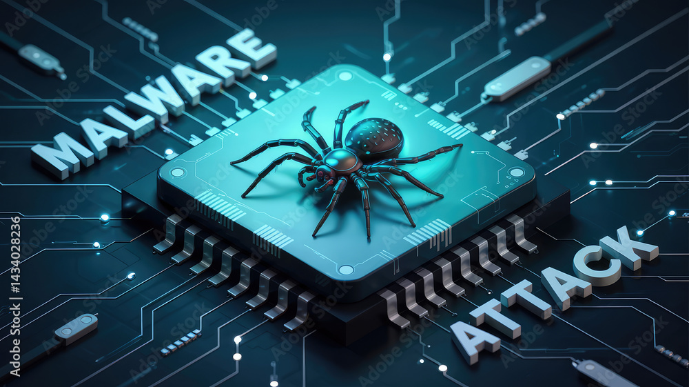 Aufkleber digital threat: a close-up of a computer chip with a spider, highlighting the risks of malware attac