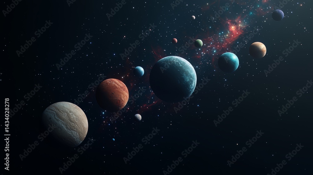 Fototapete black background with a row of planets in the sky. the planets are of different sizes and colors