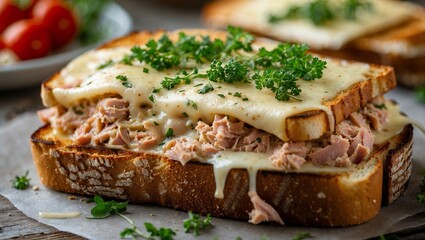 Irresistible open-faced tuna melt with melted cheese