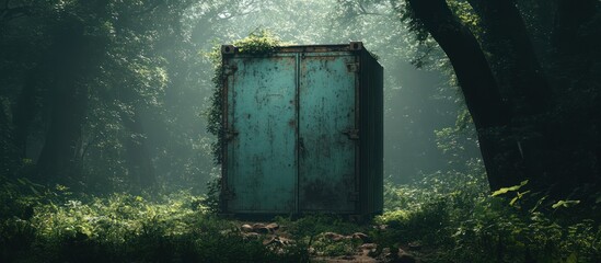 Rusty container in misty forest