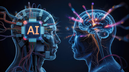 AI vs Human Intellect: A striking digital illustration showcasing the conceptual comparison between artificial and human intelligence. The artwork features intricate details.