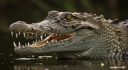 Fototapeta premium Magnificent Crocodile Portrait Featuring Open Mouth Revealing Sharp Teeth Closeup