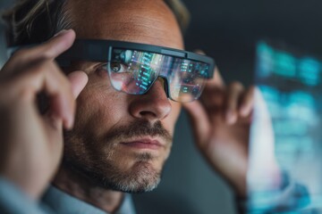 Businessman Uses Smart Glasses for Real-Time Agenda in Futuristic Augmented Reality Interface