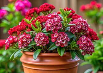 Red Kalmia & Vetch in Terracotta Pot - Botanical Still Life