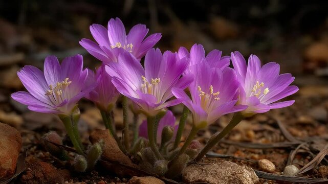 Close up of beautiful Bitterroot flowers blooming on a rocky ground, showcasing the delicate details and vibrant purple petals.