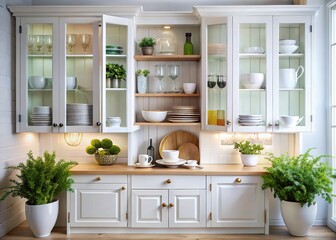 Scandinavian Kitchen Storage, White Glass Cabinet, Clean Dishes