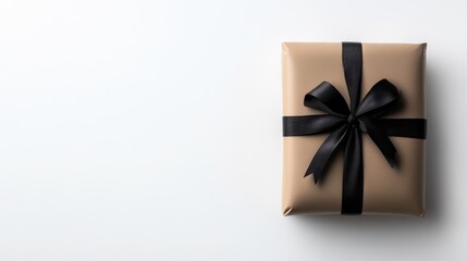 A neatly wrapped gift box with a black ribbon bow, placed on a clean white background, minimalistic and elegant composition, and perfect for celebrations.