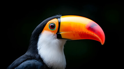 Naklejka premium Close Up Profile of a Yellow Billed Toucan Against a Black Background