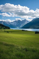 mountains and a lake in the distance with a green field in the foreground