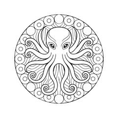 Detailed octopus mandala illustration with intricate tentacles and geometric pattern great for coloring pages marine theme
