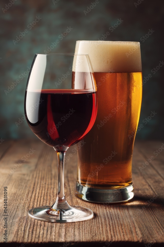 Poster elegant still life featuring a glass of red wine and a pint of golden beer on rustic wood table capt