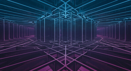 Fototapeta premium Futuristic Virtual Reality Tunnel with Glowing Neon Lines and Grid Pattern