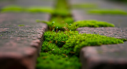Fototapeta premium Tiny Green Moss Growing Between Old Brick Pavers Texture View