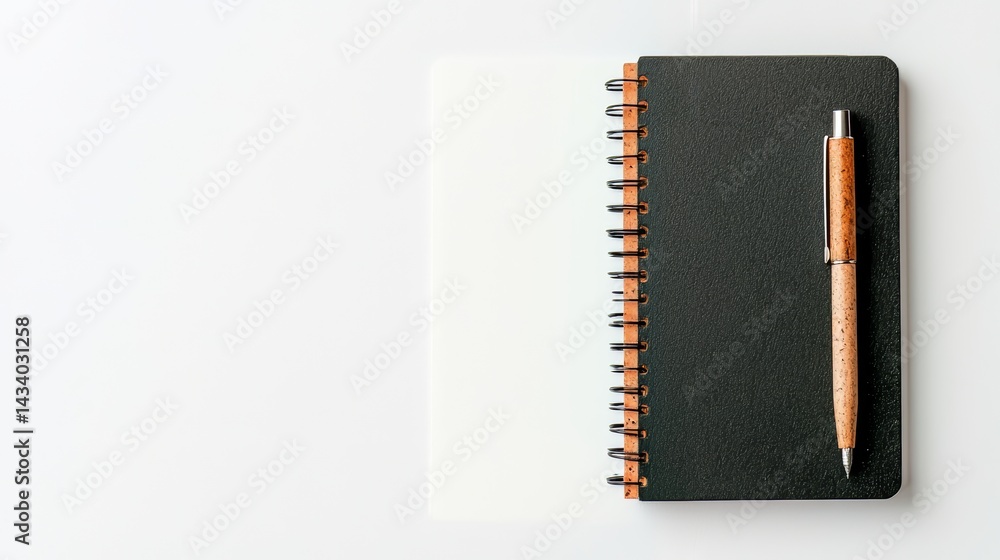 Poster black spiral notebook with a pen on top of it. the notebook is open to a blank page