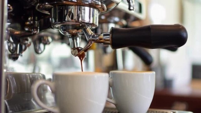 "Double Shot Delight &ndash; Espresso Flowing into Cups in Ultra Close-Up"


