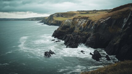 A stunning coastal landscape unfolds with dramatic cliffs meeting the restless ocean. Waves crash against the rocks, creating a serene atmosphere. Generative AI