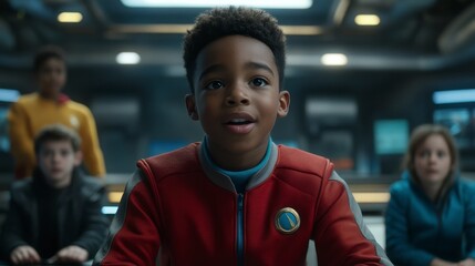 Young Boy Addresses Team in Futuristic Setting